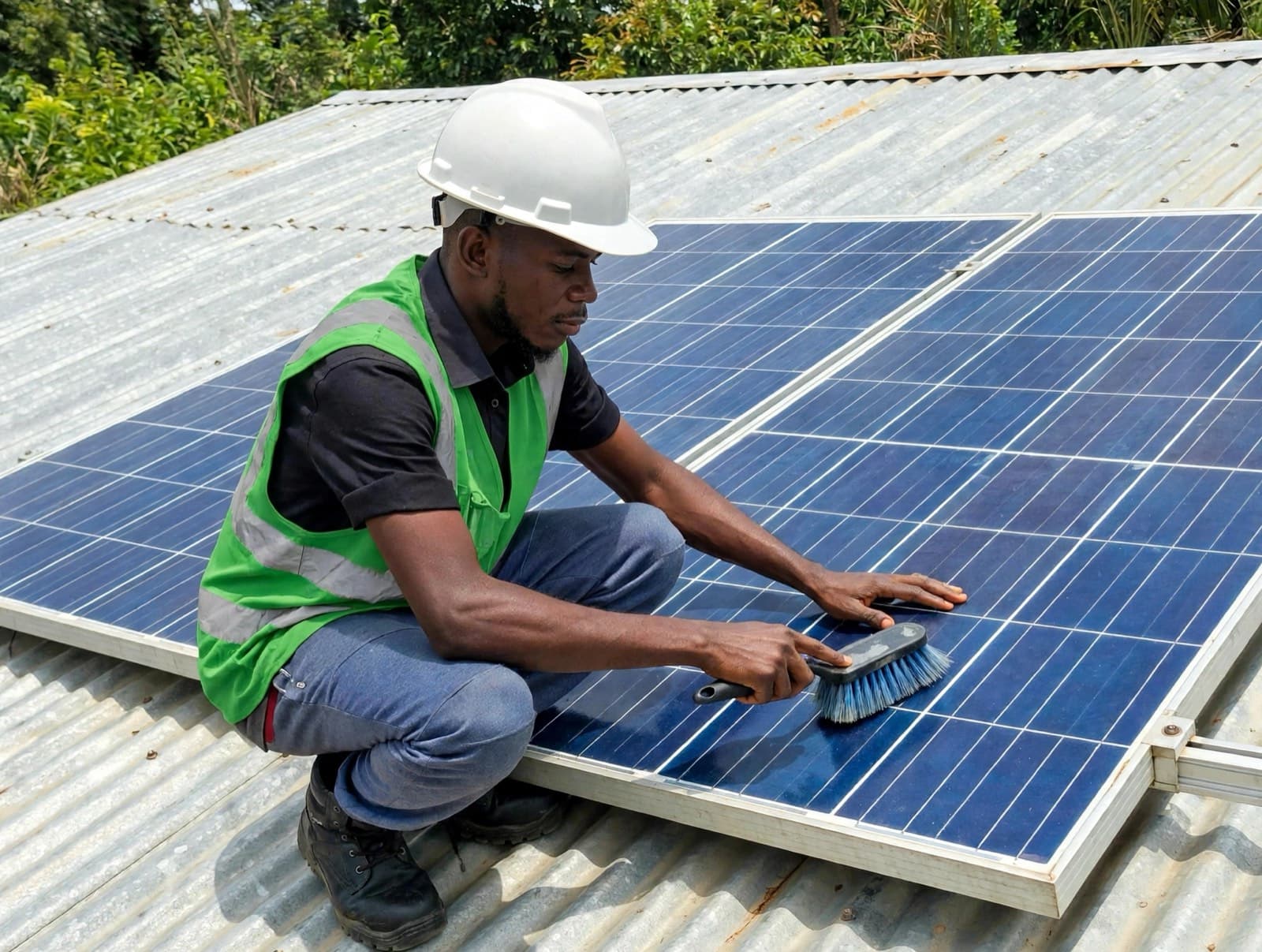 Solarteur montiert Solarmodule auf einem Dach